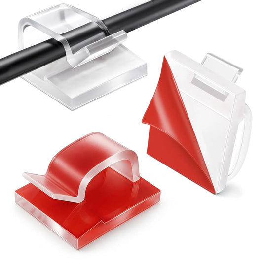 60 Pack Transparent and Red Self-Adhesive Cable Clips, Cable Holders for String Lights and Indoor Cable Management
