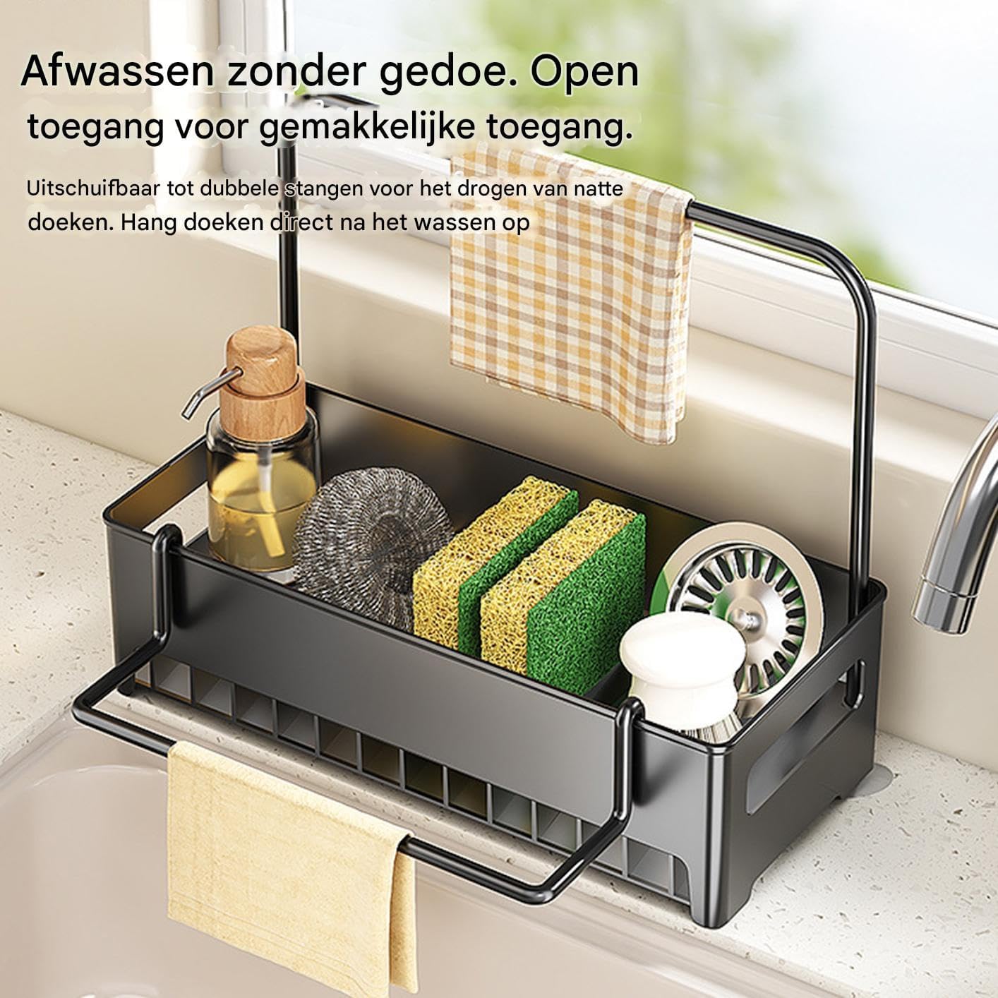 Sink Organizer with Towel Rack - Sponge Holder Kitchen - Countertop Storage Rack - For Sponges & Brushes - Image 2