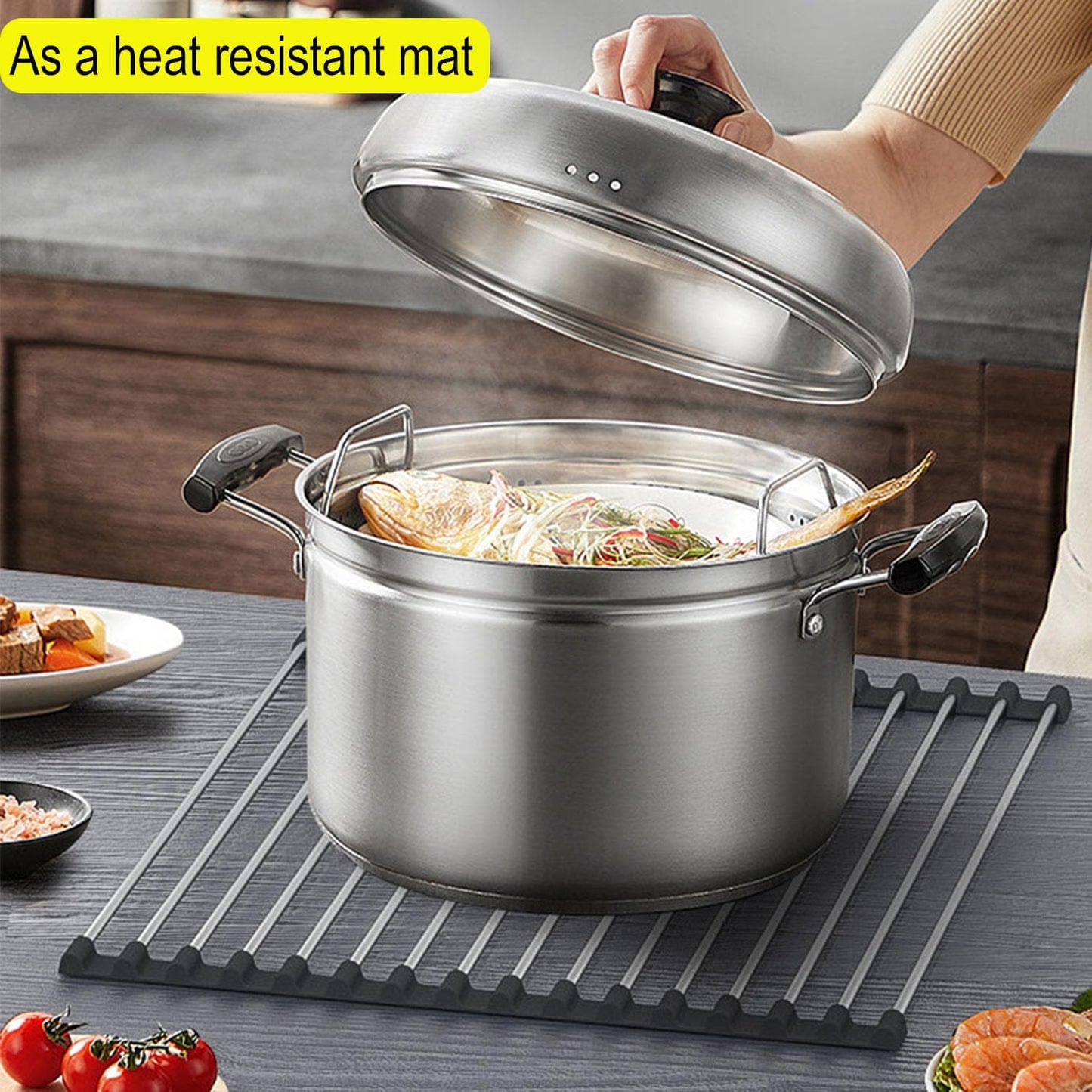 Roll-up Dish Draining Rack Black - 43 x 35 cm - Sink Roll Mat - Draining Grid for Dishes & Vegetables - Image 4