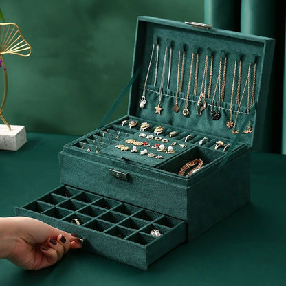 Velvet Jewelry Box with Lock - 3 Layers - Large Jewelry Organizer for Women - With Drawers & Compartments - Green - Image 2
