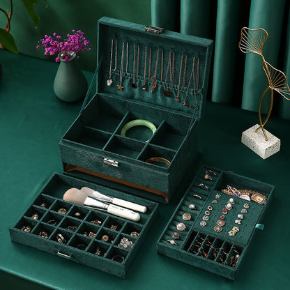 Velvet Jewelry Box with Lock - 3 Layers - Large Jewelry Organizer for Women - With Drawers & Compartments - Green - Image 5