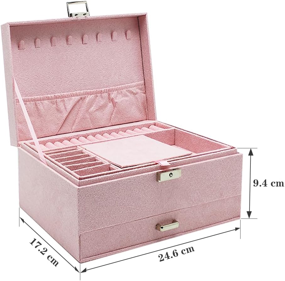 Velvet Jewelry Box with Lock - 3 Layers - Large Jewelry Organizer for Women - With Drawers & Compartments - Pink - Image 2
