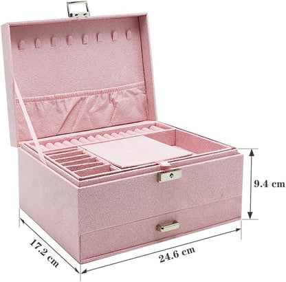 Velvet Jewelry Box with Lock - 3 Layers - Large Jewelry Organizer for Women - With Drawers & Compartments - Pink - Image 2