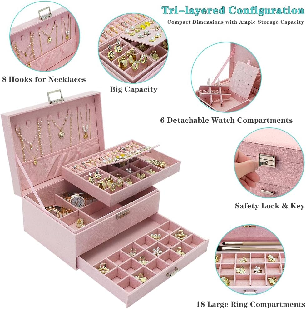 Velvet Jewelry Box with Lock - 3 Layers - Large Jewelry Organizer for Women - With Drawers & Compartments - Pink - Image 3
