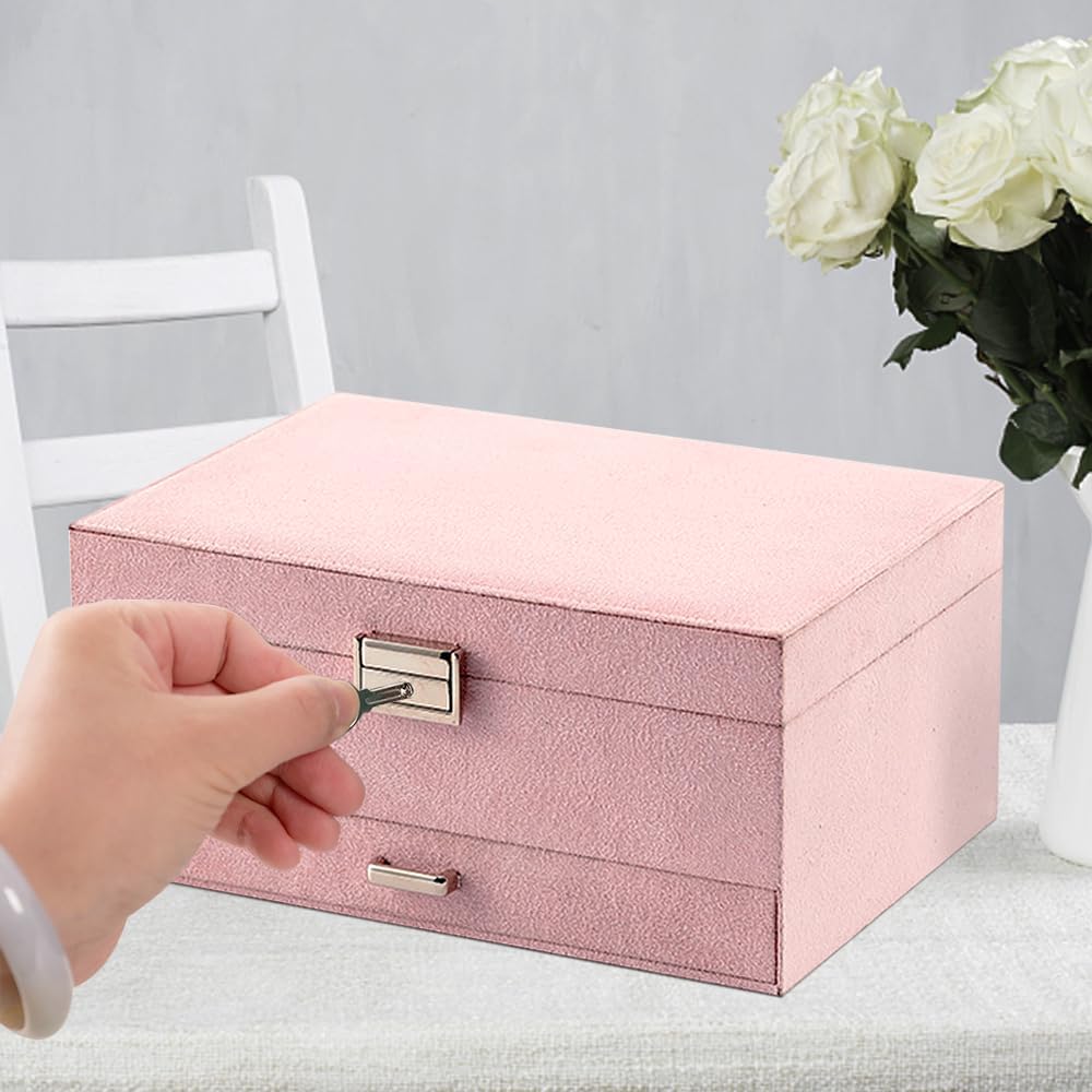 Velvet Jewelry Box with Lock - 3 Layers - Large Jewelry Organizer for Women - With Drawers & Compartments - Pink - Image 4