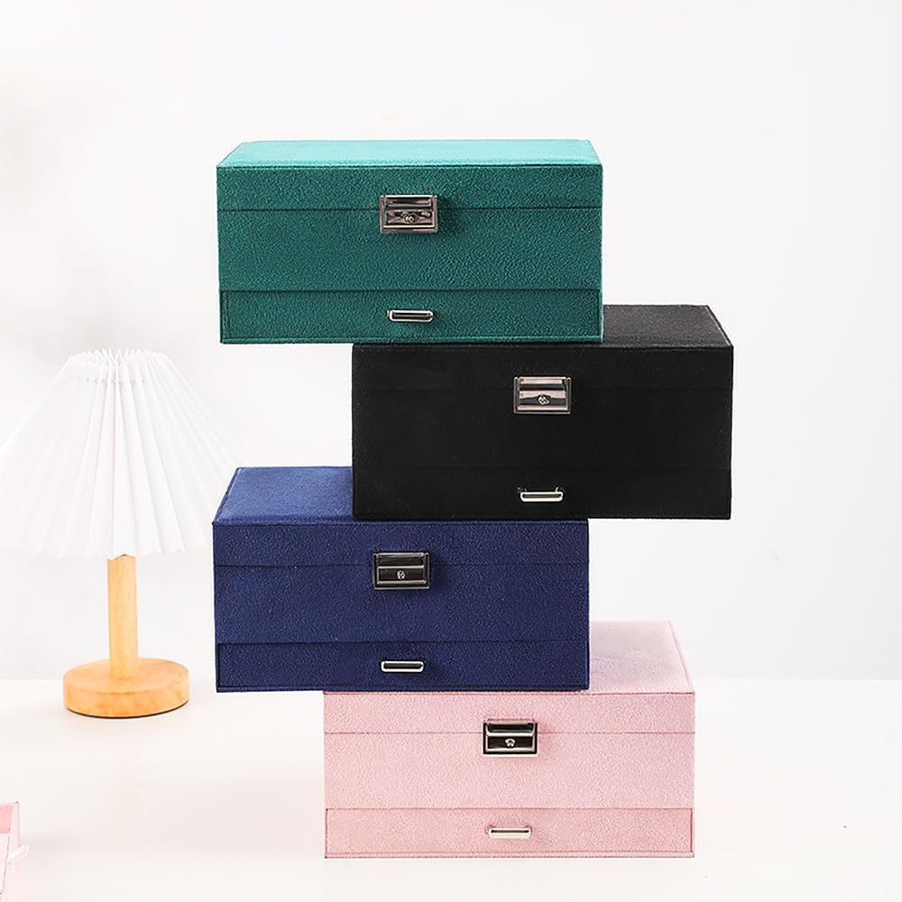 Velvet Jewelry Box with Lock - 3 Layers - Large Jewelry Organizer for Women - With Drawers & Compartments - Pink - Image 5
