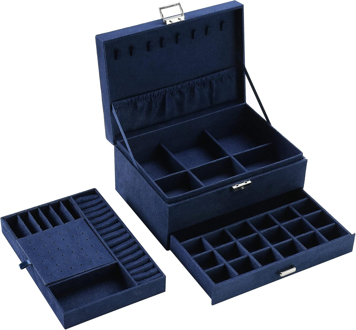 Velvet Jewelry Box with Lock - 3 Layers - Large Jewelry Organizer for Women - With Drawers & Compartments - Blue - Image 3