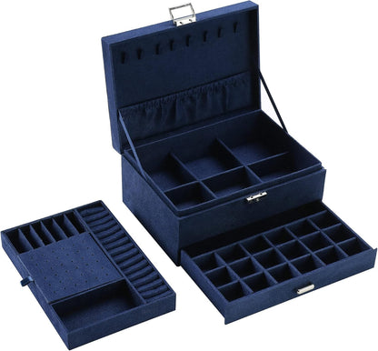 Velvet Jewelry Box with Lock - 3 Layers - Large Jewelry Organizer for Women - With Drawers & Compartments - Blue - Image 3