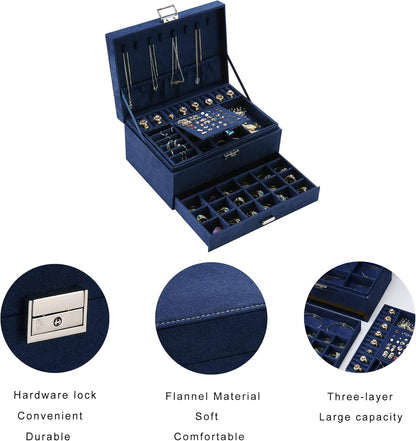Velvet Jewelry Box with Lock - 3 Layers - Large Jewelry Organizer for Women - With Drawers & Compartments - Blue - Image 4