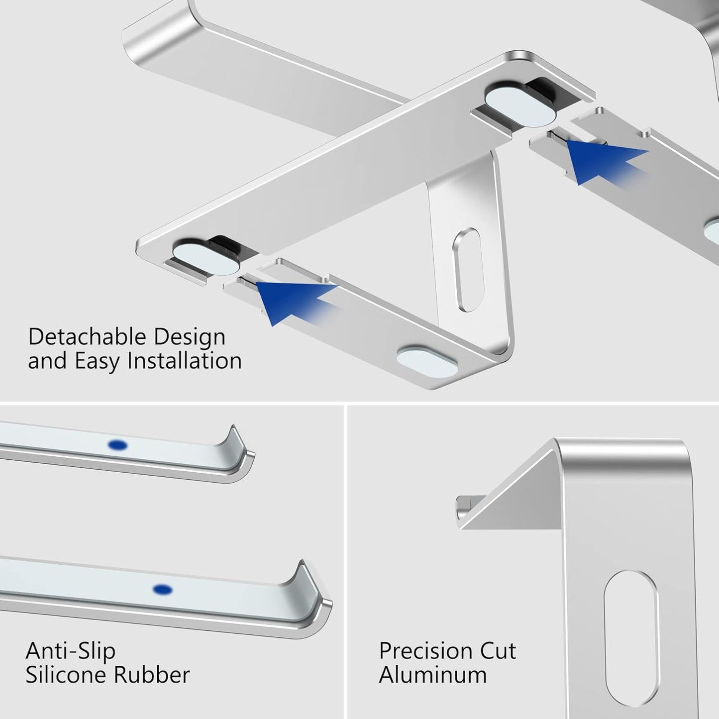 Ergonomic Aluminum Laptop Stand - Removable & Height Adjustable - Suitable for 10-14 inch Notebooks - Metal Silver - Image 2