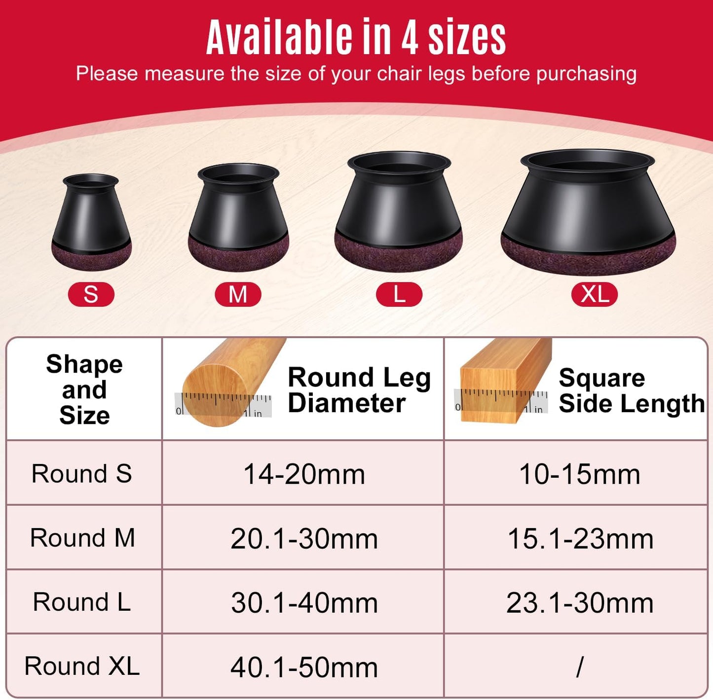 Black Chair Leg Caps - Set of 24 - Size L - Silicone Floor Protectors - Against Scratches and Noise - Image 2