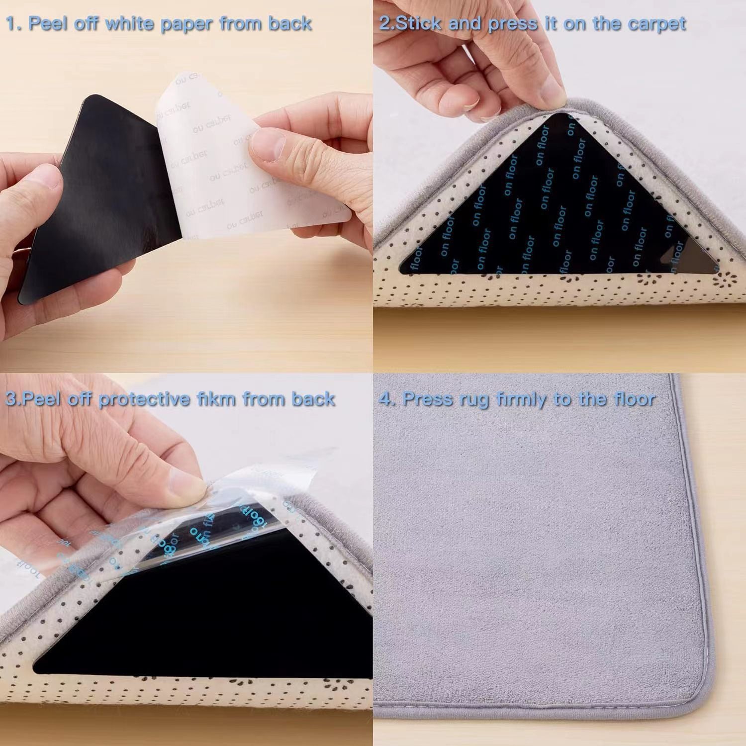 Rug Stoppers - Set of 4 - Anti-Slip for Carpet - Washable & Reusable - Triangular Black - Image 2
