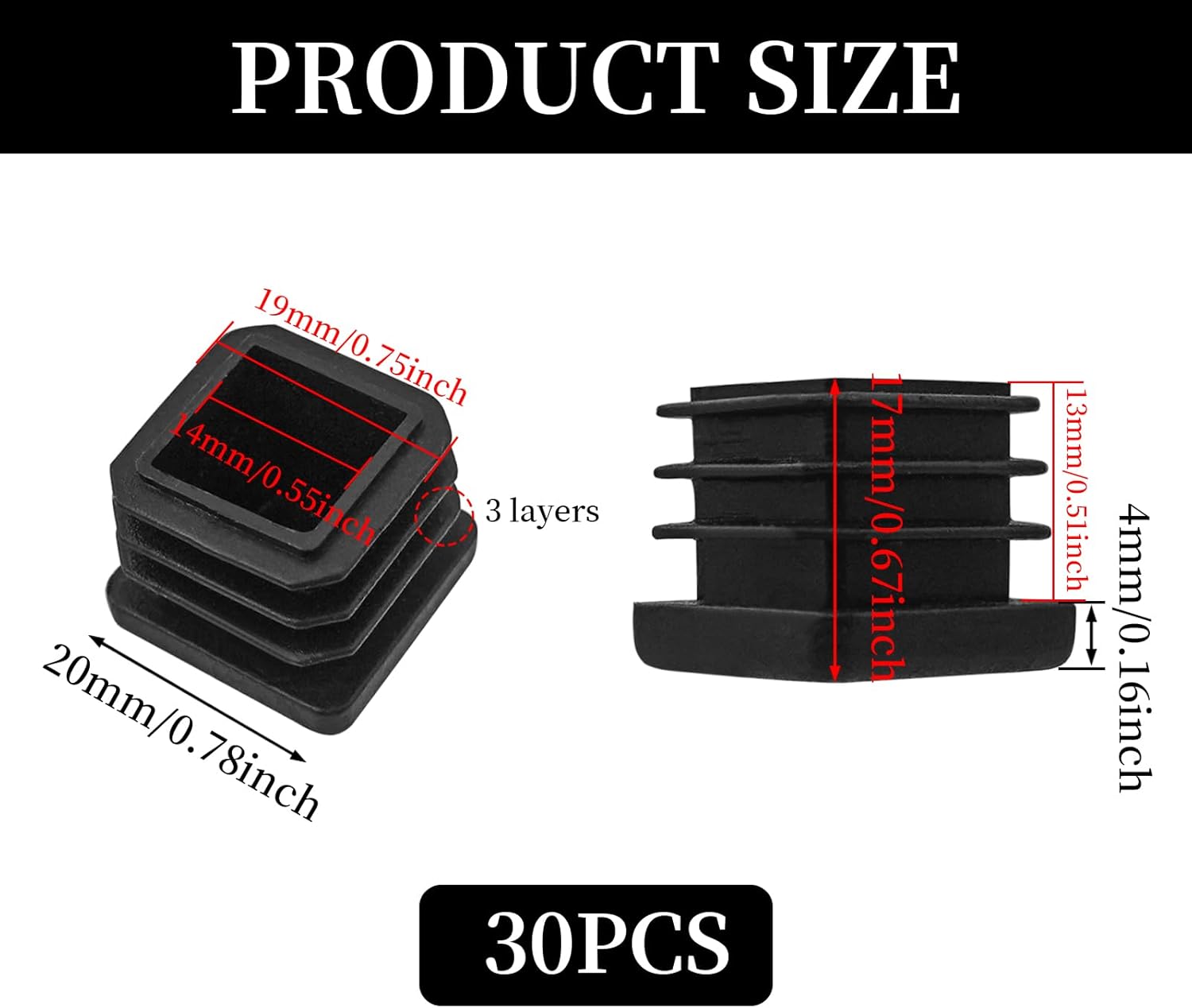 Square Tube Caps 20x20 mm - Set of 30 - Black - Insert Caps for Furniture & Chairs - Image 2