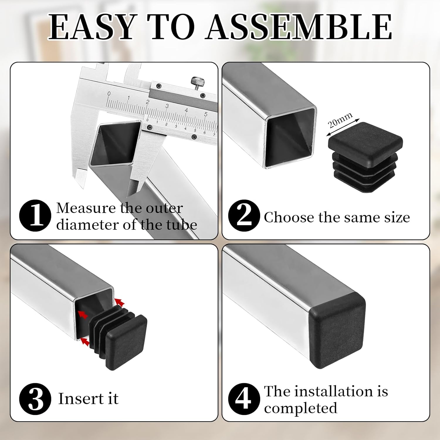 Square Tube Caps 20x20 mm - Set of 30 - Black - Insert Caps for Furniture & Chairs - Image 5
