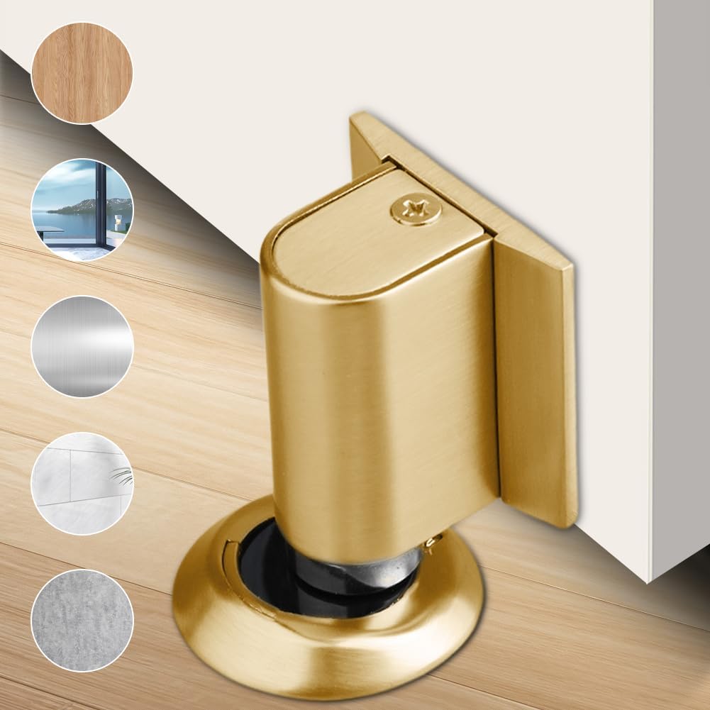 Magnetic Door Stopper Floor Gold - No Drilling - Self-Adhesive - Metal - Including Raising Disc - Image 4