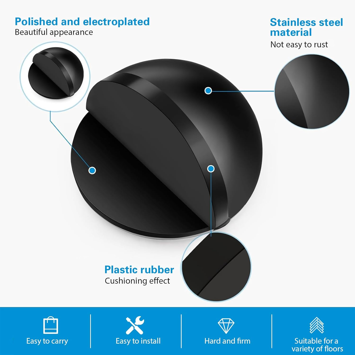 Door Stopper Floor Half Moon - Set of 2 - Black - Self-adhesive - No Drilling - Stainless Steel - Image 2