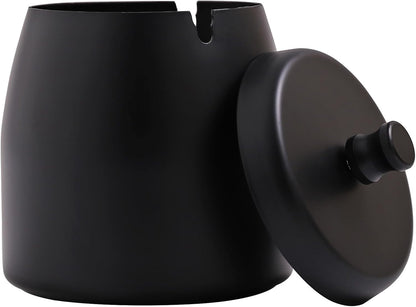 Stainless Steel Ashtray with Lid - Black - Ø 10 cm - Wind Ashtray for Outdoor & Indoor Use - Storm Ashtray