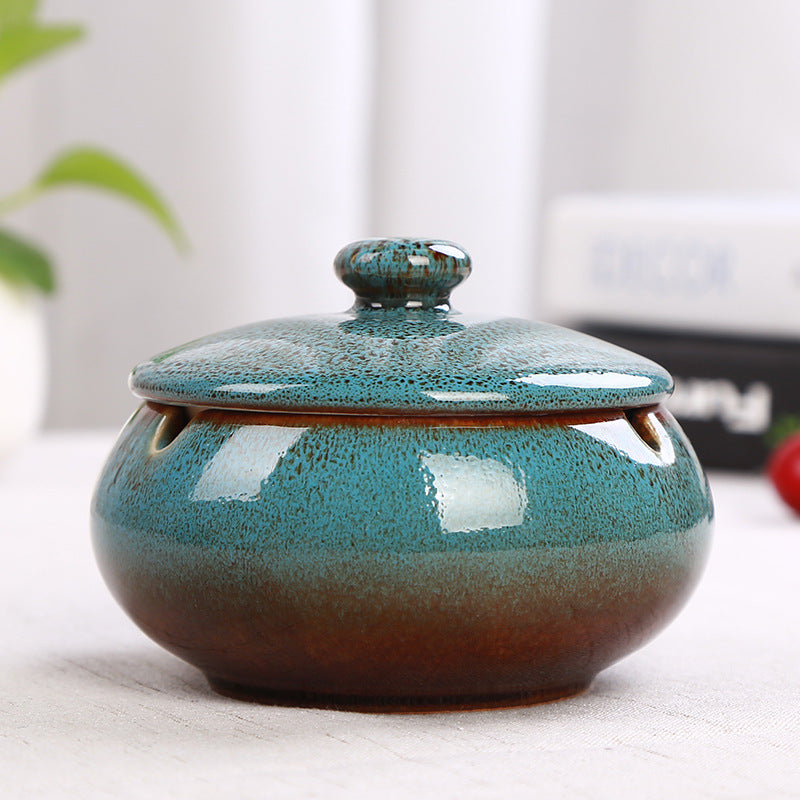 Ceramic Ashtray with Lid - Blue - Wind Ashtray for Outdoor & Indoor Use - Glazed Earthenware