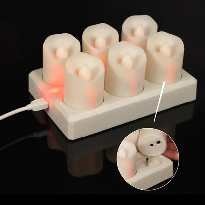 Rechargeable Tea Lights (6 Pieces) - With Charging Station and Timer - Flickering Flame - LED Candles for Parties & Decoration - White - Image 2