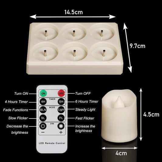 Rechargeable Tea Lights (6 Pieces) - With Charging Station and Timer - Flickering Flame - LED Candles for Parties & Decoration - White - Image 5