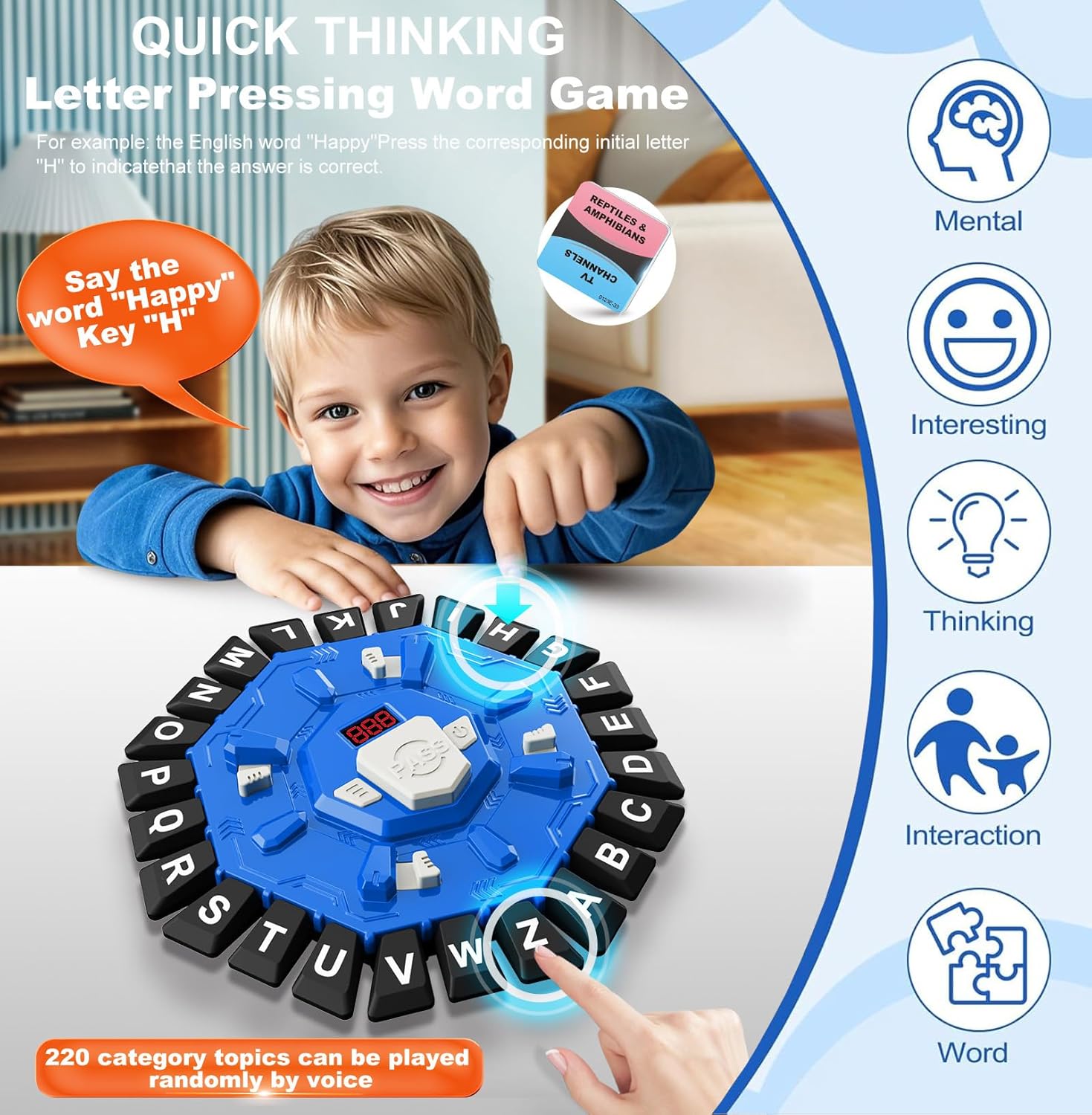 Board Game - 24-Letter Press Game - Fun and Fast Puzzle Game - Includes Two Modes - Covers 220 Theme Categories - Suitable for boys and girls aged 3 and up (2-8 players) - Word Game for Kids and Adults, Christmas and Birthday Gift - Blue - Image 2