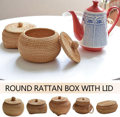 Tea Box - Rattan Storage Box - Hand-woven Storage Box with Lid - Multifunctional Desk Storage Basket - Suitable for home, farmhouse, kitchen, bathroom, picnic, storing food, bread, fruits and other tableware. - Image 3