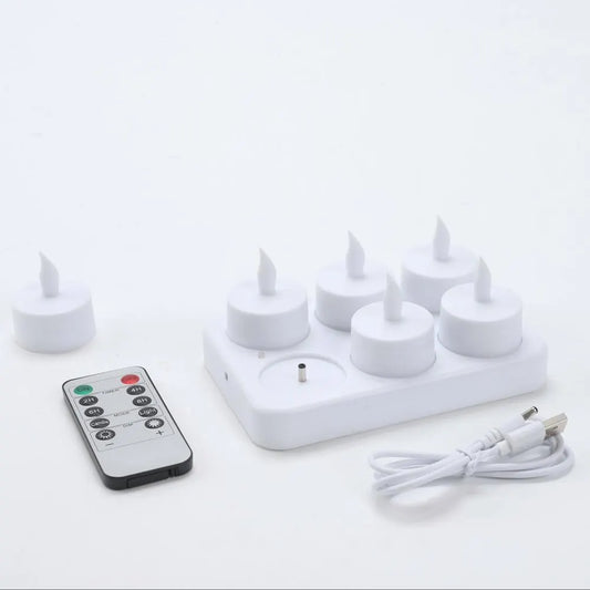 6 Pack Rechargeable LED Tea Light Candles with Charging Base and Remote Control for Halloween, Birthdays and Home Decor, White