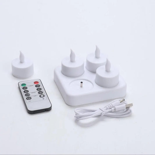 4 Pack Rechargeable LED Tea Light Candles with Charging Base and Remote Control for Halloween, Birthdays and Home Decor, White