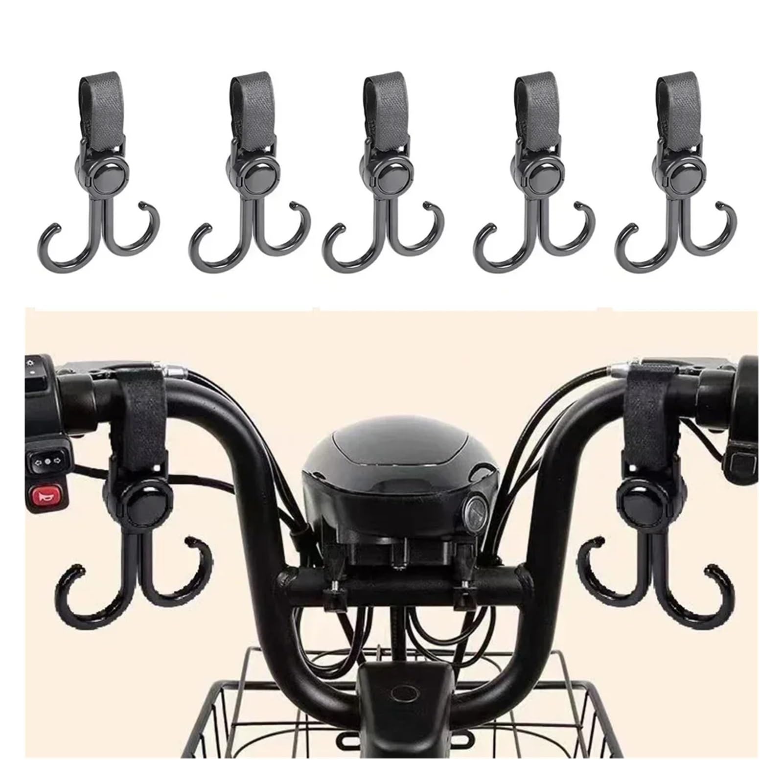 Stroller Hooks - Buggy Hooks - Bag Hooks - Diaper Bag Hooks - Walker Hooks - Stroller Accessories - Mounting Clips - Shopping Hook - Universal Velcro - 360 Degree Rotatable - Black - 4 Pieces - Image 2