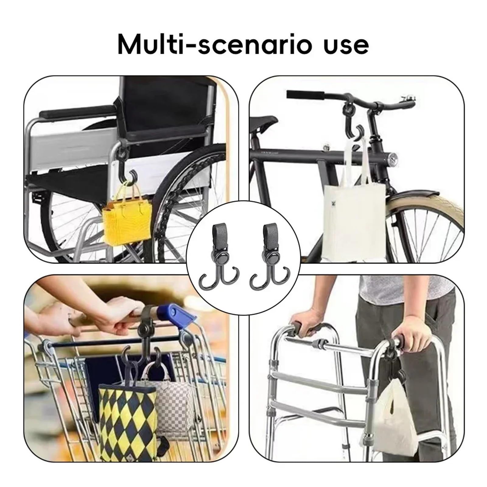Stroller Hooks - Buggy Hooks - Bag Hooks - Diaper Bag Hooks - Walker Hooks - Stroller Accessories - Mounting Clips - Shopping Hook - Universal Velcro - 360 Degree Rotatable - Black - 4 Pieces - Image 5