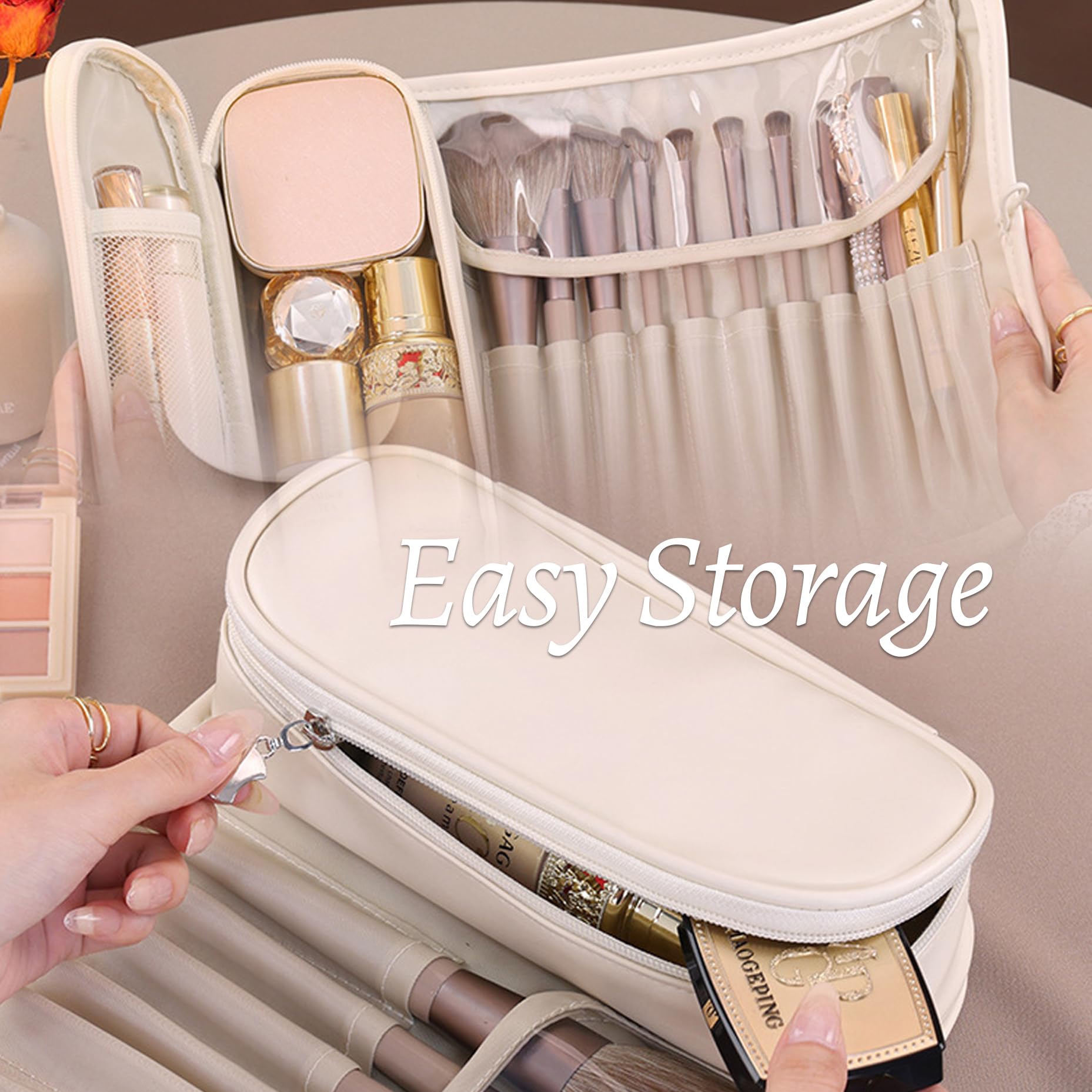 Women's Toiletry Bag - Make Up Bag - Cosmetic Bag - Travel Toiletry Bag - Roll Up Toiletry Bag - Make Up Organizer - Travel Case - Travel Organizer - Make Up Case - Make Up Bag - Luggage Organizer - Cosmetic Case - Toiletry Bag - Beige - 1 Piece - Image 4