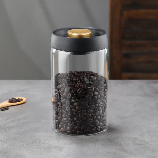 Borosilicate Glass Storage Jar with Vacuum-Seal Black Lid and Gold Knob for Coffee, Tea and Dry Food, Kitchen Pantry Storage, 1200ml