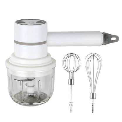 1 Piece Cordless Electric Hand Mixer and Mini Food Chopper with Whisk Attachment for Eggs, Cream, Garlic and Kitchen Prep, White