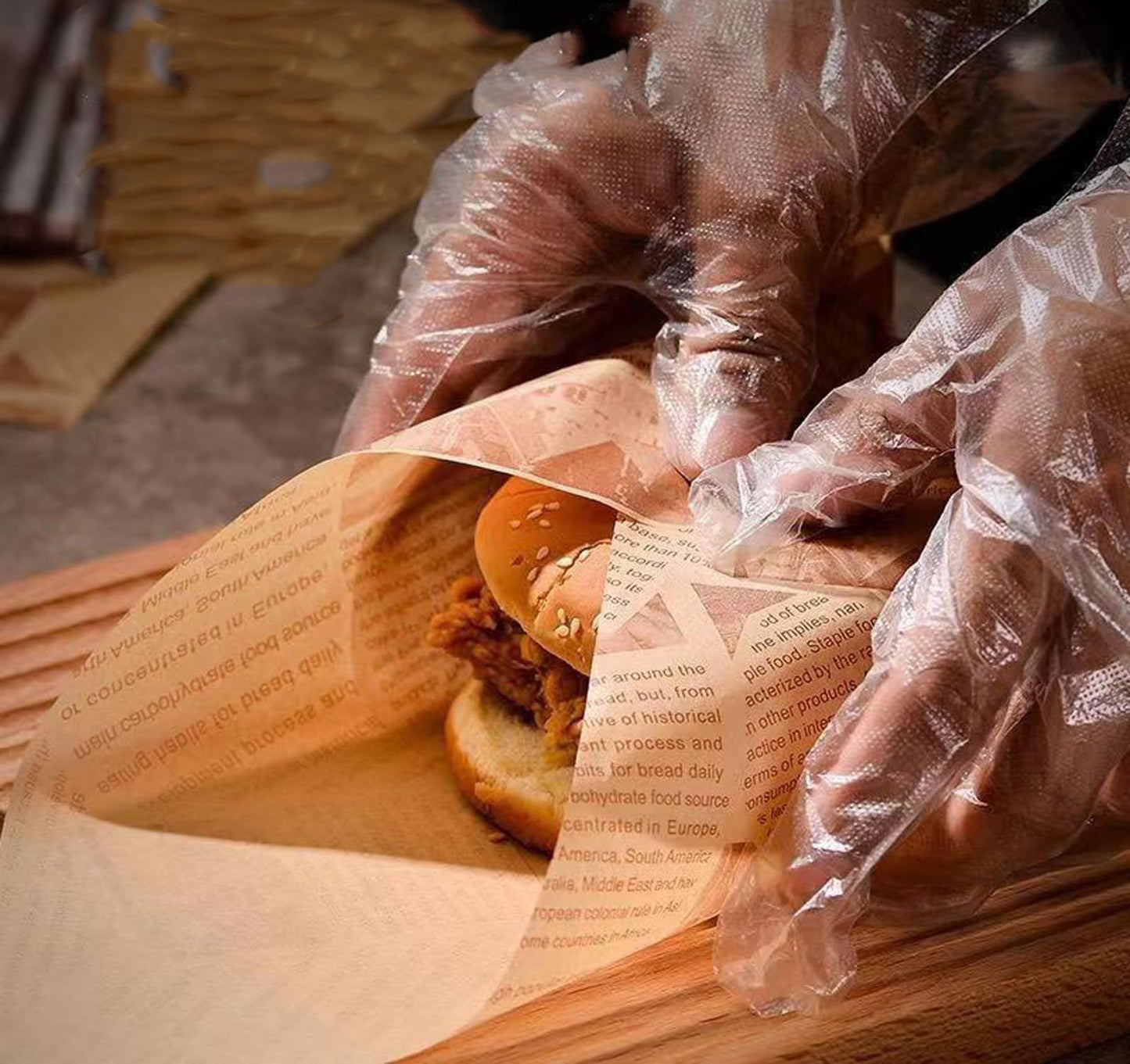 Silicone baking paper wax paper - for cooked food, 100 sheets square kraft paper for absorbing oil, newspaper for sandwich and food baskets, suitable for cakes, bread, fries, pizza, hamburgers, hot dogs - Image 2