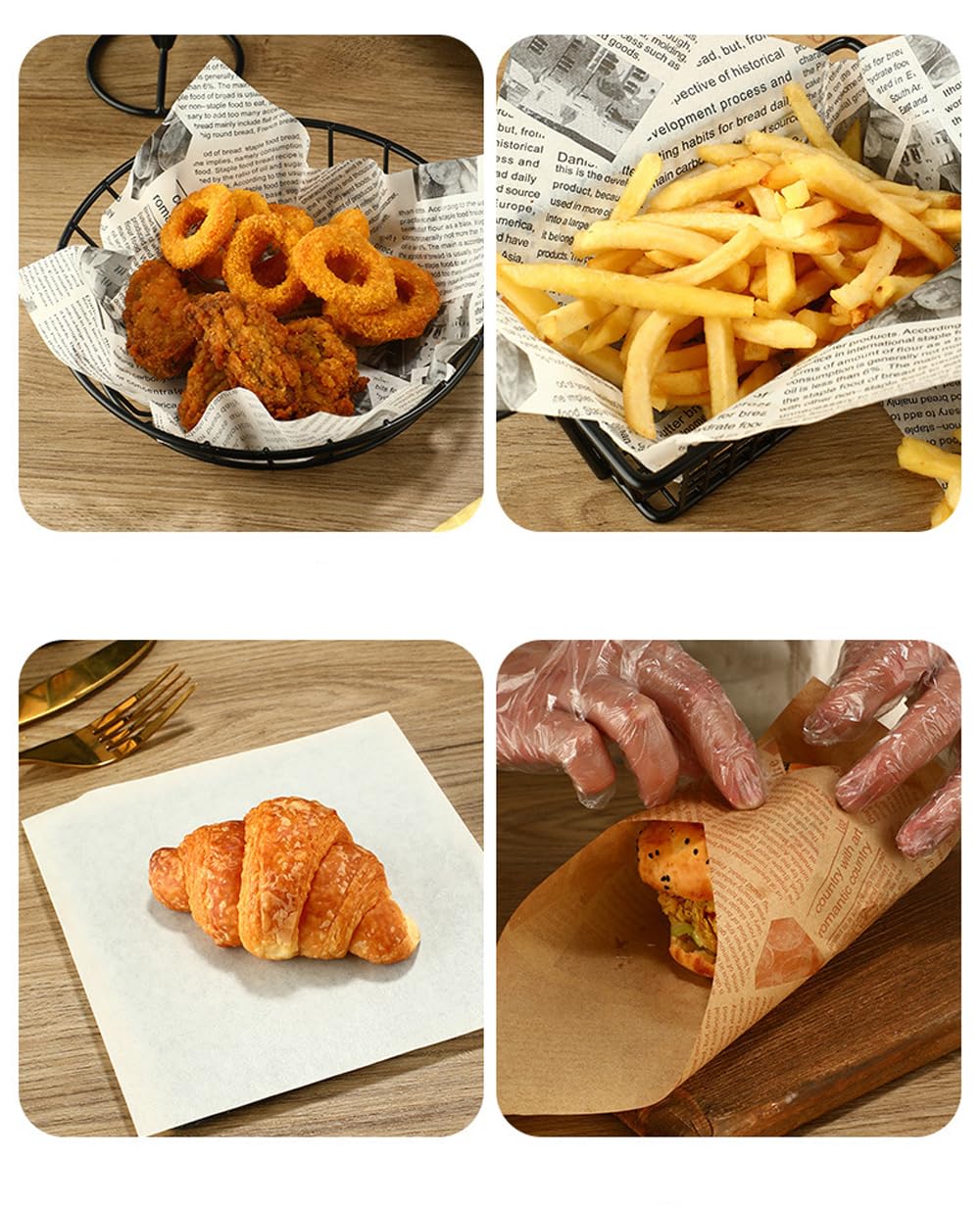 Silicone baking paper wax paper - for cooked food, 100 sheets square kraft paper for absorbing oil, newspaper for sandwich and food baskets, suitable for cakes, bread, fries, pizza, hamburgers, hot dogs - Image 8