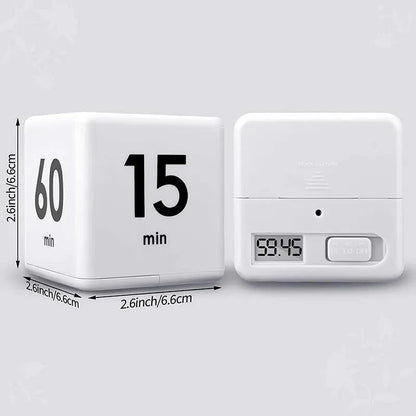 Flip Cube kitchen timer/countdown reminder with a gravity sensor, suitable for kitchens, bedrooms, offices, living rooms, and desks. It facilitates time management and offers timer options of 15, 20, 30, and 60 minutes.
