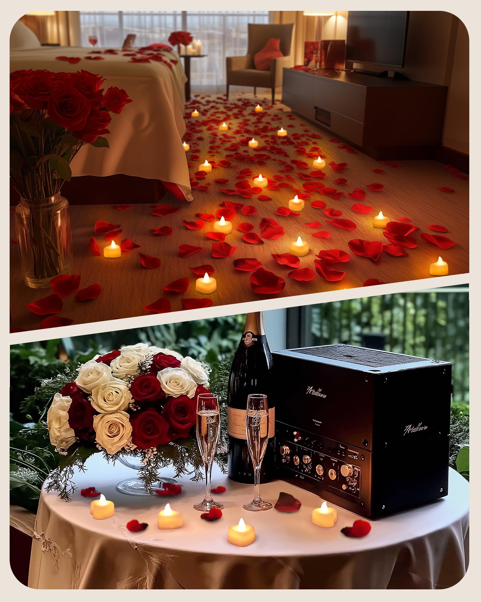 Battery Operated Candles - Set of Rose Petal Candles - 99 Artificial Rose Petals - 24 Heart-Shaped LED Tea Lights - Suitable for Proposals - Anniversaries - Romantic Evenings - Table Decorations - Weddings - Birthdays - Image 4
