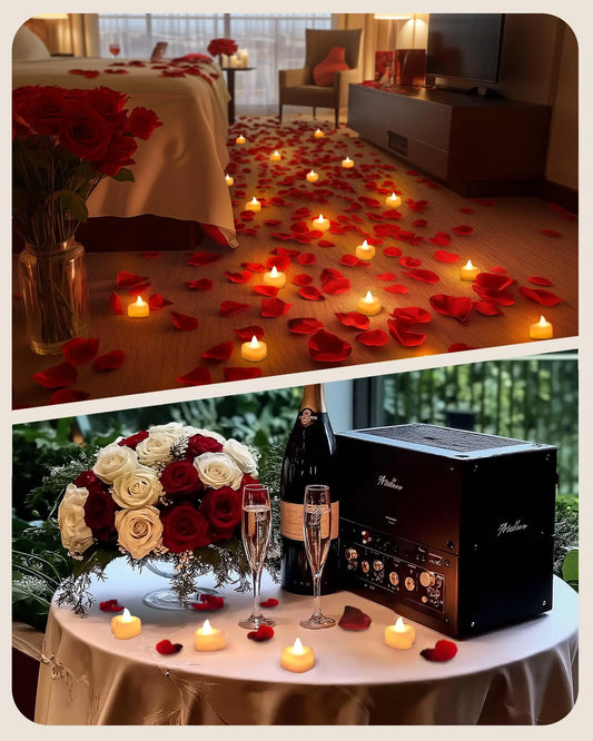Battery Operated Candles - Set of Rose Petal Candles - 99 Artificial Rose Petals - 24 Heart-Shaped LED Tea Lights - Suitable for Proposals - Anniversaries - Romantic Evenings - Table Decorations - Weddings - Birthdays - Image 4