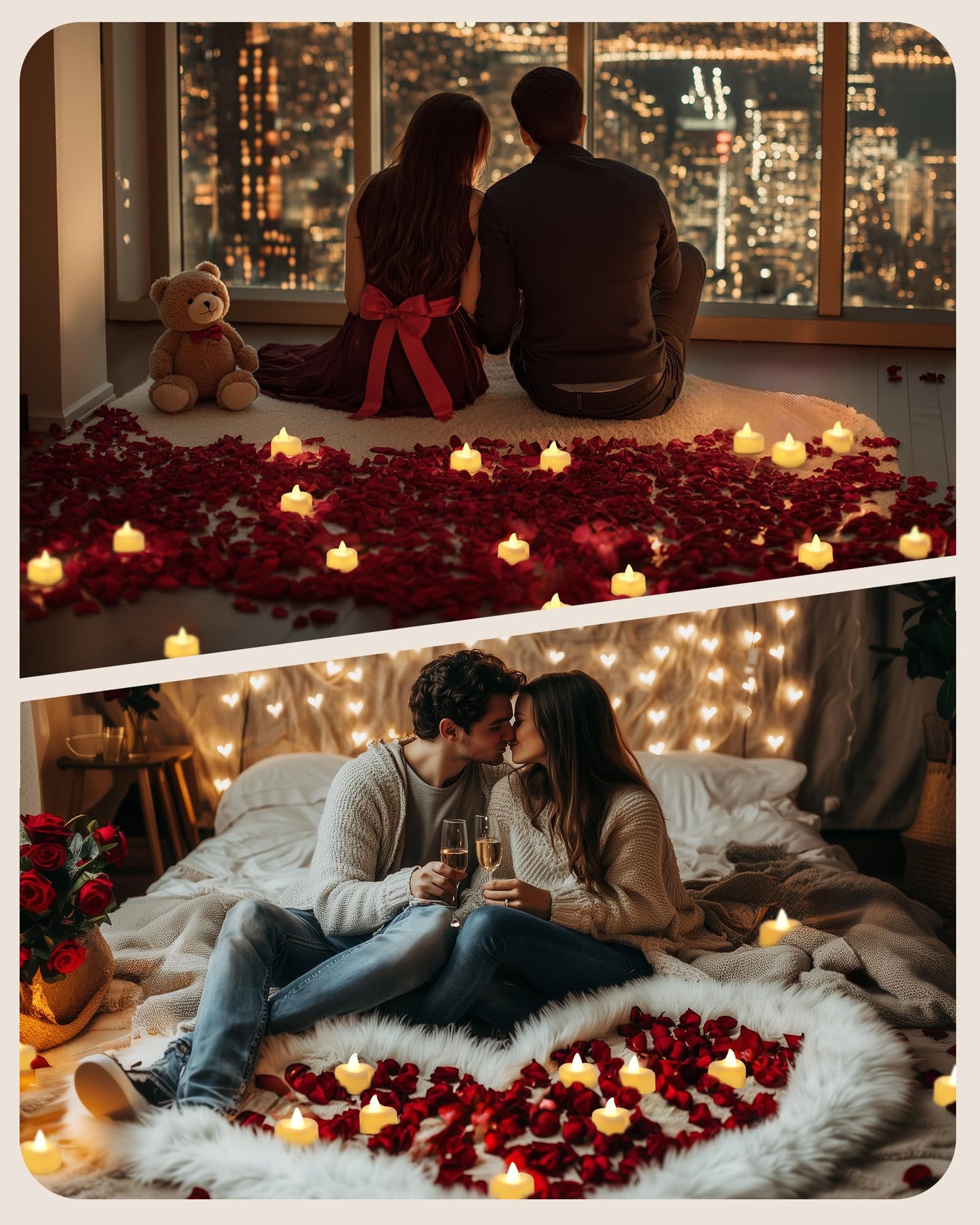 Battery Operated Candles - Set of Rose Petal Candles - 99 Artificial Rose Petals - 24 Heart-Shaped LED Tea Lights - Suitable for Proposals - Anniversaries - Romantic Evenings - Table Decorations - Weddings - Birthdays - Image 5