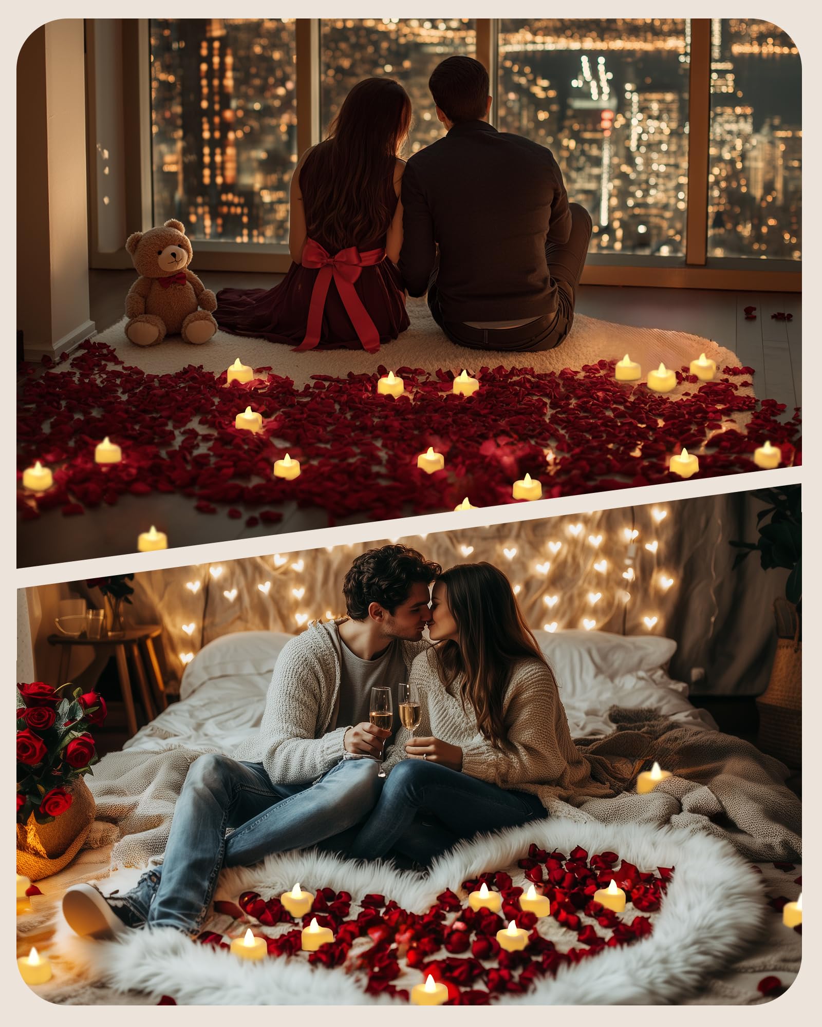 Battery Operated Candles - Set of Rose Petal Candles - 99 Artificial Rose Petals - 24 Heart-Shaped LED Tea Lights - Suitable for Proposals - Anniversaries - Romantic Evenings - Table Decorations - Weddings - Birthdays - Image 5