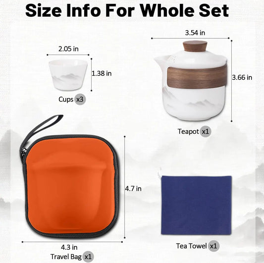 4 Pieces Portable Ceramic Tea Set with Teapot, Cups and Carry Case for Travelling, Camping, Picnics and Everyday Tea Service, White - Image 2
