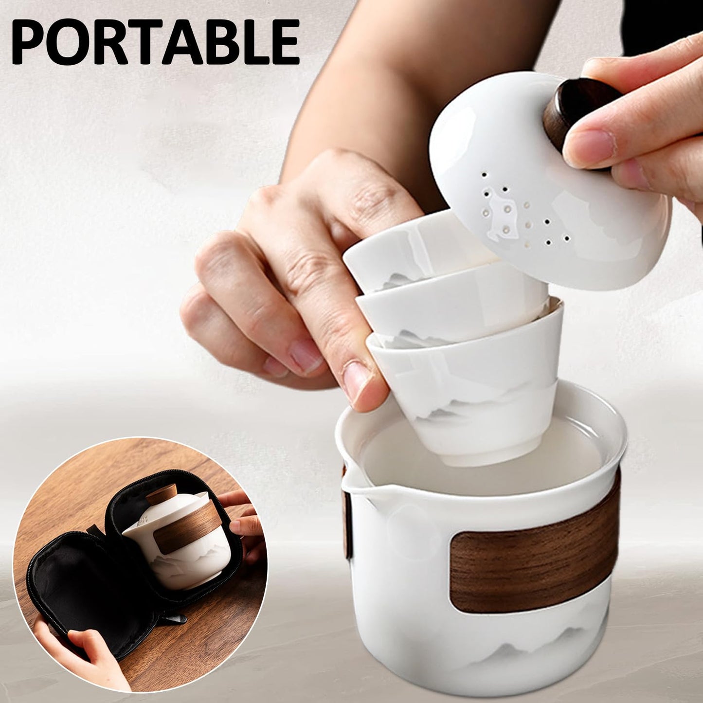 Travel Tea Set - Tea Set - Teapot - Teacups - Ceramic - Kung Fu - Camping - Outdoor - Travel - Including Travel Bag - 4 Pieces - Gift - White - Image 7