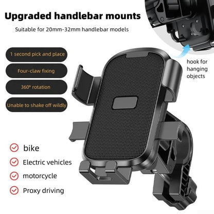 Bicycle Phone Holder - Universal - Shock and Vibration Protection - Bicycle/Motorcycle/Scooter/ATV - Phone Stand - Smartphone Holder - 360 Degree Rotatable - Black - Image 6