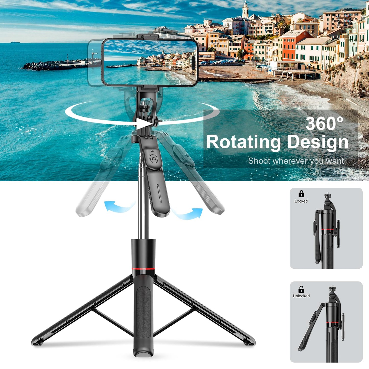 Selfie Stick - Tripod - Phone Tripod - Bluetooth - With Remote Control - Extendable - Wireless - 3 in 1 - Smartphone Holder - Vlogging - Black - 1 piece - Image 4