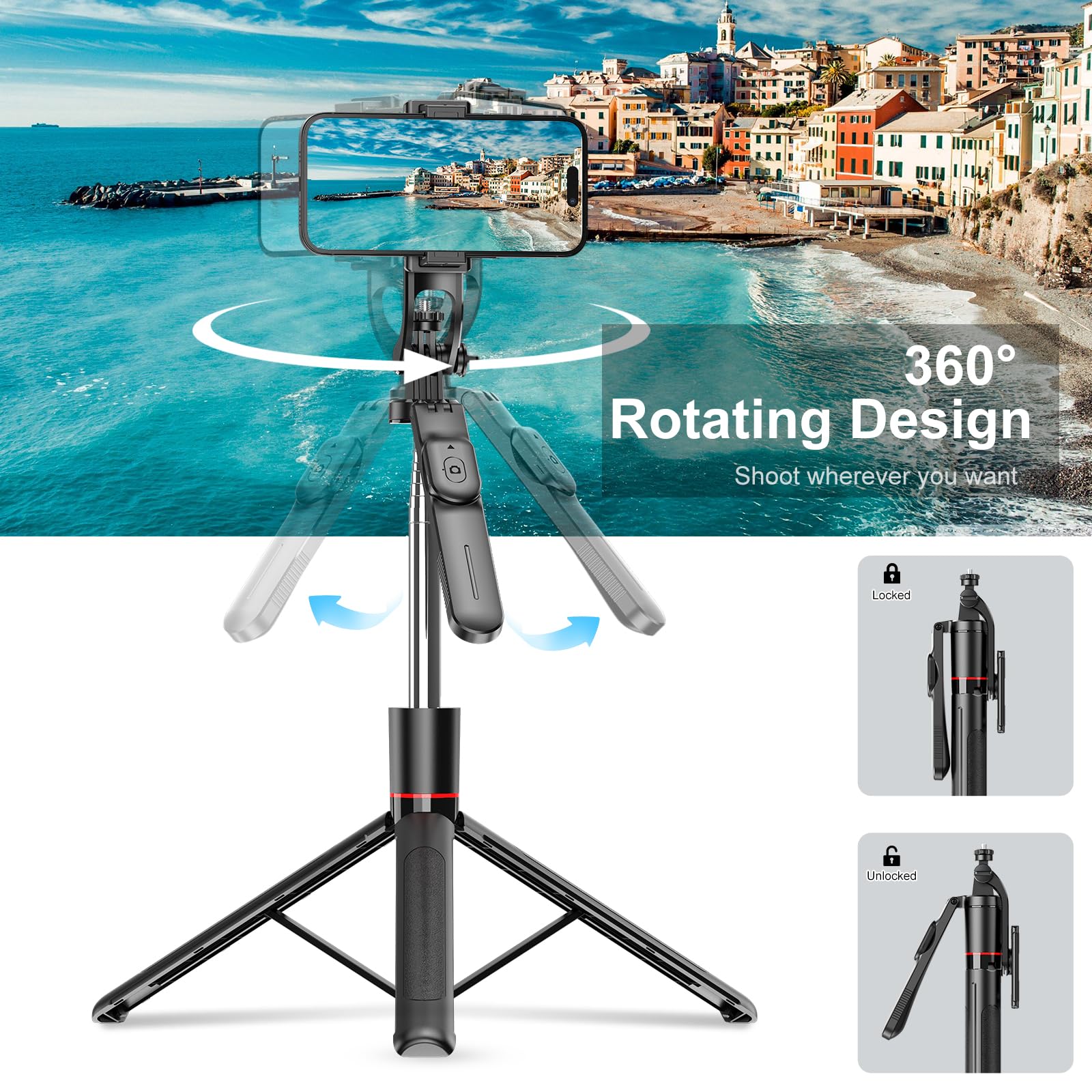 Selfie Stick - Tripod - Phone Tripod - Bluetooth - With Remote Control - Extendable - Wireless - 3 in 1 - Smartphone Holder - Vlogging - Black - 1 piece - Image 4