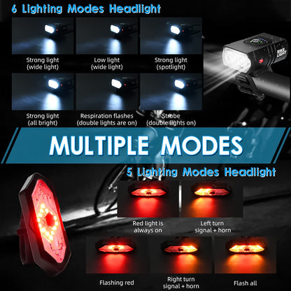 Bicycle Lighting Set - Bicycle Headlight - Rear Light with Turn Signal - USB Rechargeable - Bicycle Lights - LED Lighting - Flashing Light - Waterproof - Wireless Remote Control - MTB Accessories - Road Bike - City Bike - Black - 1 Piece - Image 4