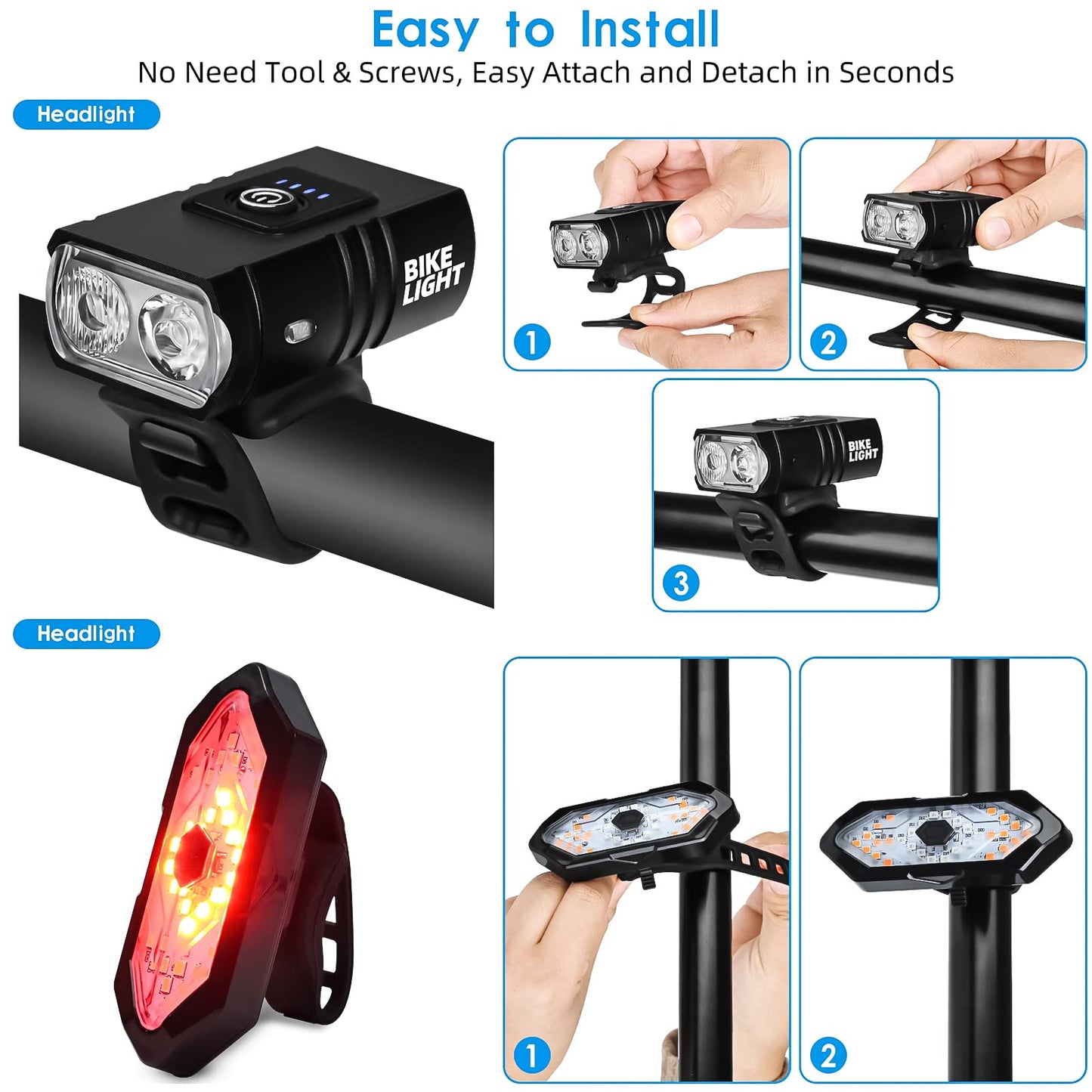 Bicycle Lighting Set - Bicycle Headlight - Rear Light with Turn Signal - USB Rechargeable - Bicycle Lights - LED Lighting - Flashing Light - Waterproof - Wireless Remote Control - MTB Accessories - Road Bike - City Bike - Black - 1 Piece - Image 7