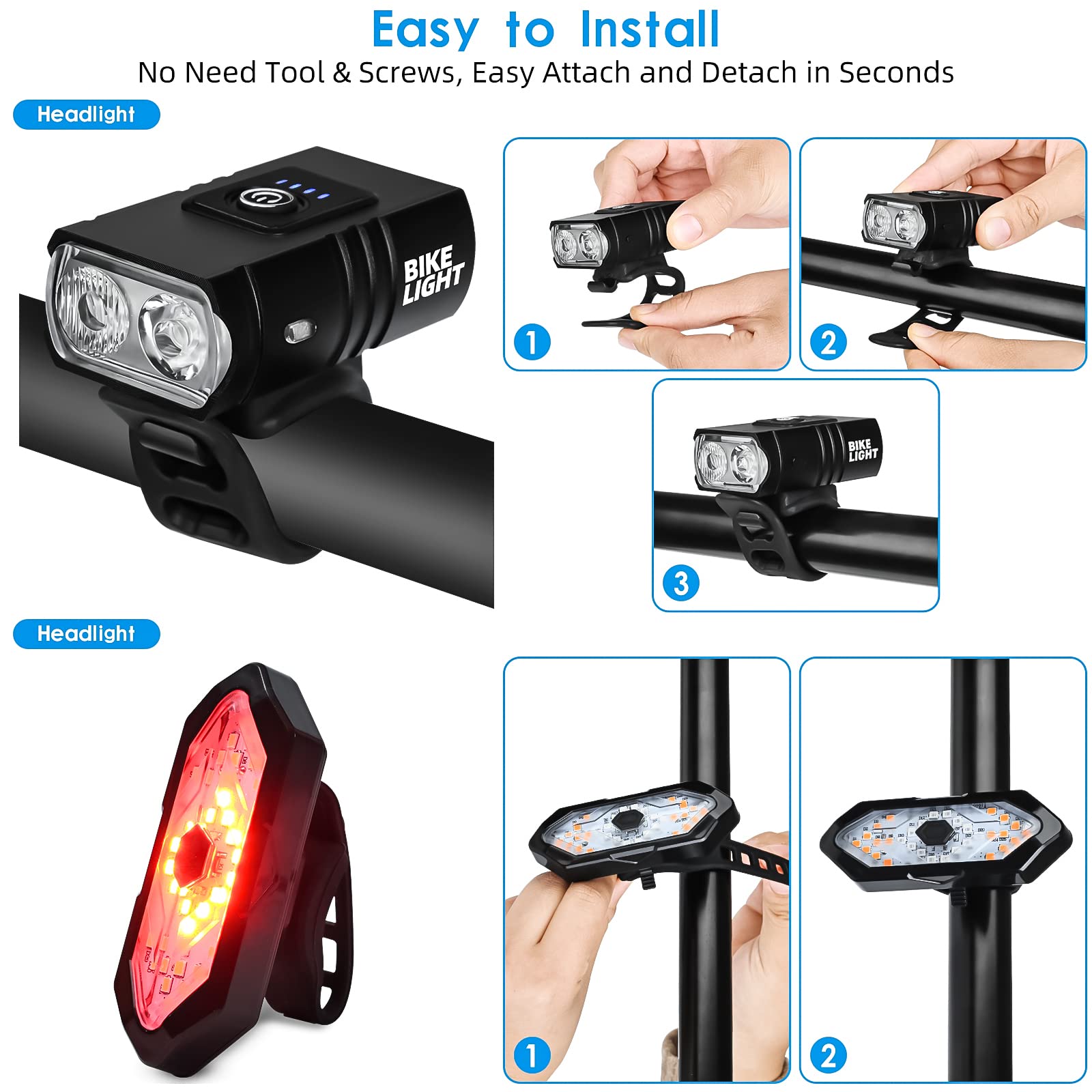 Bicycle Lighting Set - Bicycle Headlight - Rear Light with Turn Signal - USB Rechargeable - Bicycle Lights - LED Lighting - Flashing Light - Waterproof - Wireless Remote Control - MTB Accessories - Road Bike - City Bike - Black - 1 Piece - Image 7