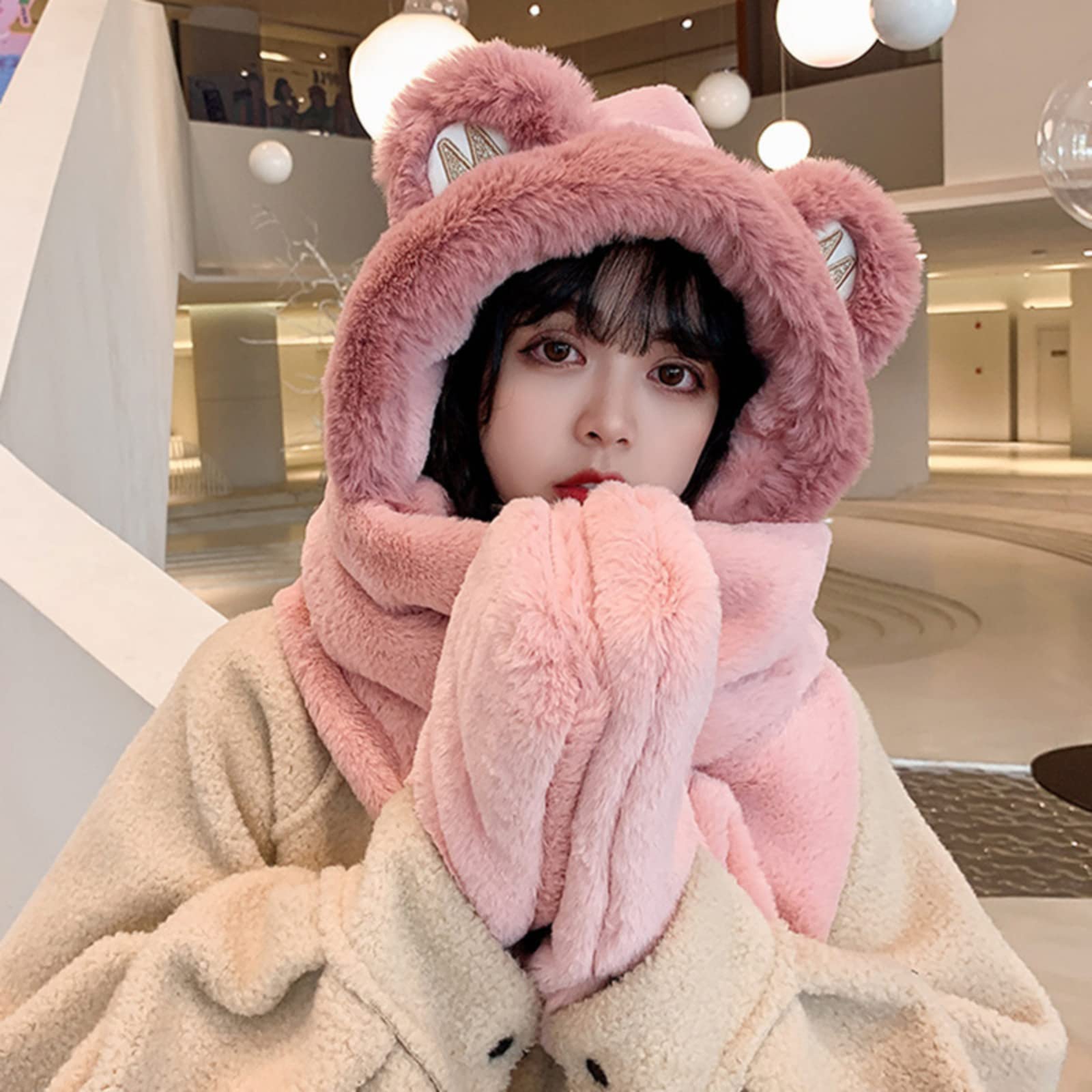 Winter Hat - Scarf - Mittens - 3 in 1 Set - Teddy Hat - Women's Winter Hat - Girls' Hat - Plush Hat - Hat with Ears - Warm Winter Set - Bear Hat - Soft Scarf - Hooded Hat - Fleece Hat - Gift for Women - Pink - One Size - Fluffy Hat - 1 Piece - Image 2