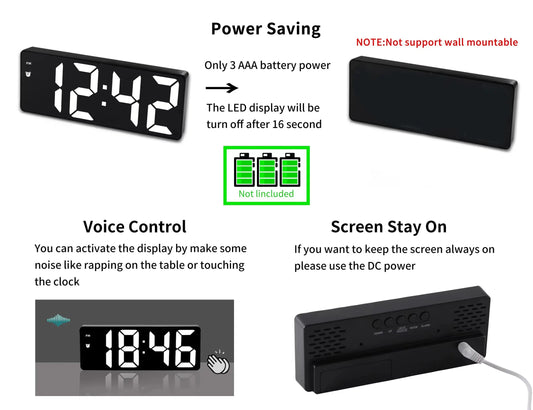Digital LED Alarm Clock with Voice Control, Adjustable Brightness, 12/24 Hour Display and Type-C Power for Bedroom, Black - Image 2